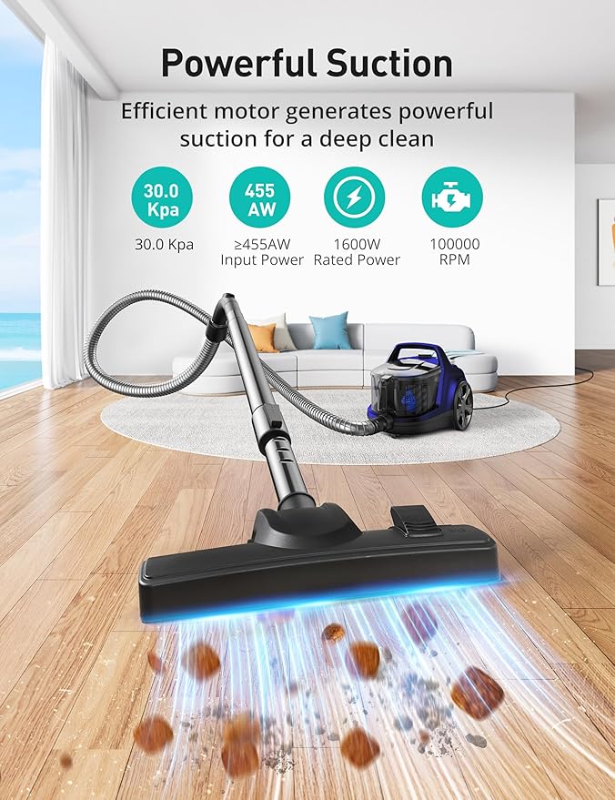 Aspiron Canister Vacuum Cleaner, 30Kpa Bagless Vacuum Cleaners, 3.7QT Large Dust Cup, Double HEPA Filter, Retractable Cord, 1600W Lightweight Vacuum Cleaner with 5 Tools for Hard Floors, Navy
