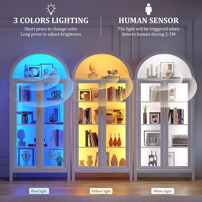 Arched Kitchen Pantry Cabinet with Glass Doors, Display Curio Case with 3 Color LED Lights for Collectibles, Modern 5-Tier Storage Hutch Cabinet for Kitchen, Dining Room, White