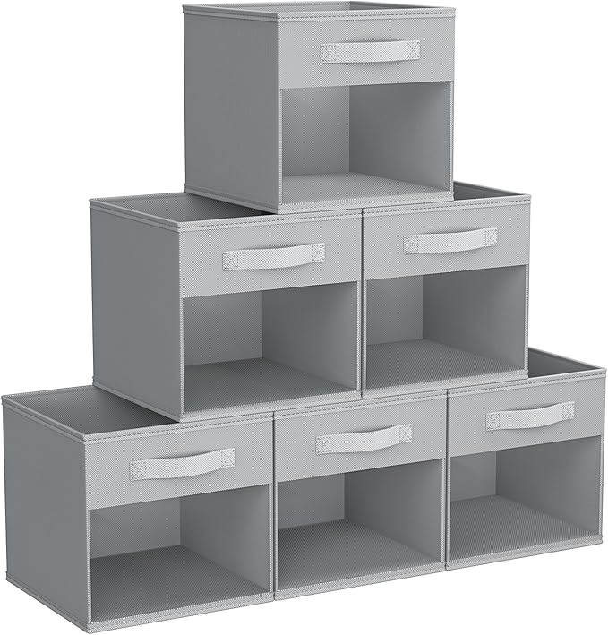 DIMJ Storage Cubes, Cube Storage Bin, 6 Pack Foldable Baskets with Window, Closet Storage Bins with Handle, 11x 11 inch Storage Cubes for Clothes, Toys, Books (Grey)