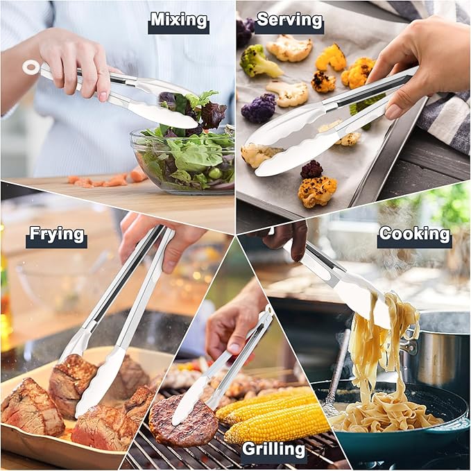 TeamFar Kitchen Tongs, 9" and 12" Stainless Steel Cooking Tongs with Silicone Tips for Cooking Grilling Serving & BBQ, Heat Resistant Silicone Tongs, Locking Design & Dishwasher Safe, Set of 2 & White