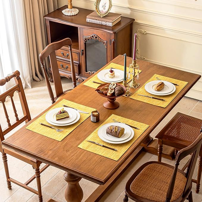 KXN Placemats Set of 4, Dual-Layer Thickened Faux Linen Table Mats, Heat Resistant & Wrinkle-Free, Machine Washable Cloth Place Mats for Kitchen Dining Indoor Outdoor (Yellow)