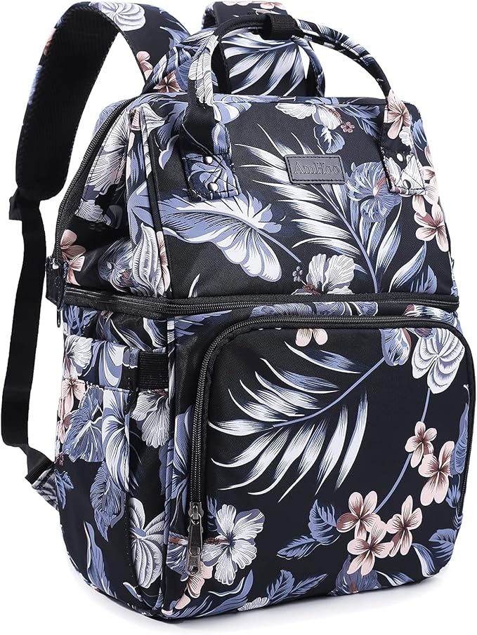 AmHoo Insulated Lunch Box Cooler Backpack Waterproof Leak-Proof Lunch Bag Tote for Men Women Hiking Beach Picnic Trip with Strongest YKK Zipper Black Flower Pattern