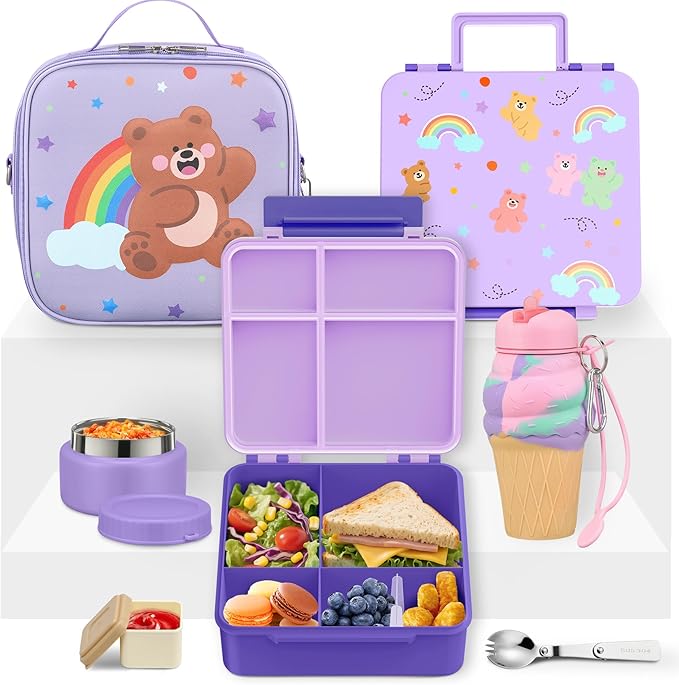 Lunch Box Kids with 5 Compartments, Insulated Food Jar & Utensil & Sauce Container & Lunch Bag & Silicone Collapsible Cup, Leak Proof Bento Box, BPA-Free & Dishwasher Safe-Purple