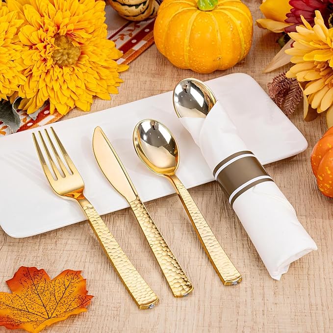 WELLIFE 50 Pack Gold Plastic Silverware with Pre Rolled Napkins,Gold Disposable Utensils, Includes: 50 Forks,50 Knives,50 Spoons,50 Napkins,gold Silverware Disposable for Thanksgiving