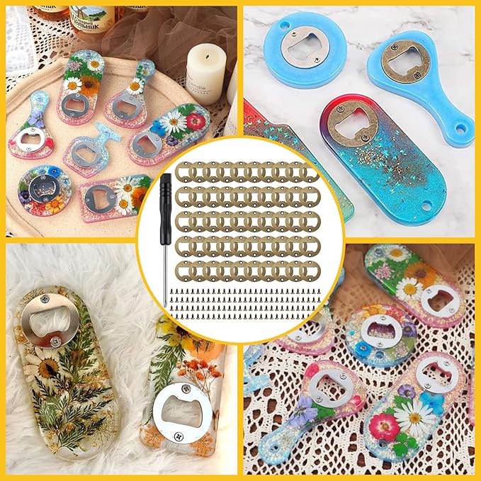 50 Set DIY Bottle Opener Inserts - Stainless Steel Metal Insert Kits - Bronze Resin Finish - Beer Bottle Opener DIY Hardware