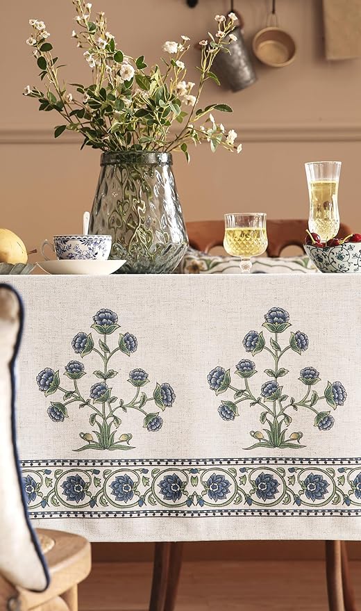 patdrea Designer Linen Vintage Blue Rectangle Tablecloth,Leaves Pattern Anti-Wrinkle Floral Table Cloth,French Decor Table Cover for Kitchen Dining,Christmas,Thanksgiving,Party,55"x87"-Ivar B