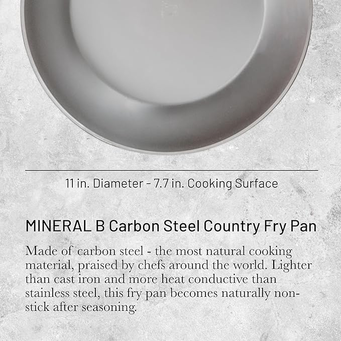 De Buyer MINERAL B Carbon Steel Country Fry Pan - 11” Diameter, 7.7” Cooking Surface - Ideal for Sauteing, Simmering, Deep Frying & Stir Frying - PFAS, PFOA & PFOS Free - Made in France