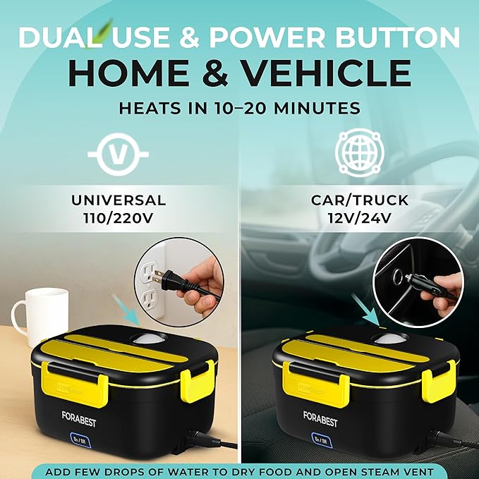 FORABEST Heated Lunch Box, 80W Electric Lunch Box for Adults, Portable Food Warmer with 1.5L Stainless Steel Container, Utensils & Carry Bag, On/Off Switch, 12V/24V Car/Truck & 110/120V Home/Office