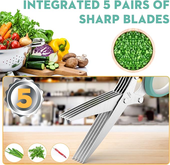 Updated 2025 Herb Scissors Set - Cool Kitchen Gadgets for Cutting Fresh Garden Herbs - Herb Cutter Shears with 5 Blades and Cover, Sharp and Anti-rust Stainless Steel, Dishwasher Safe (Blue-White)