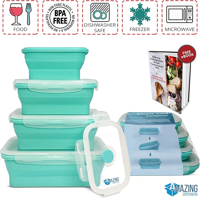 AMAZING CONTAINERS™ Collapsible Silicone Food Storage Container Set of 4 with Lids | Stackable | Microwaveable | Freezer, Dishwasher Safe| BPA Free