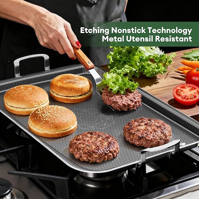 Stainless Steel Double Burner Griddle Pan, Nonstick Flat Top Grill Plate with Stainless Steel Handles, Induction Ready, Compatible with All Cooktops, Dishwasher-Friendly, Oven-Safe, Rectangular