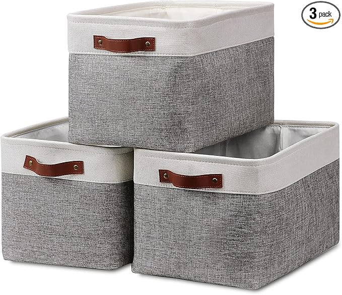 HNZIGE Fabric Storage Baskets for Shelves(3 Pack) Large Collapsible Storage Baskets for Organizing, Decorative Baskets Bins Set with Handles for Closet, Clothes, Toy(White&Gray,15" x 11" x 9.5")