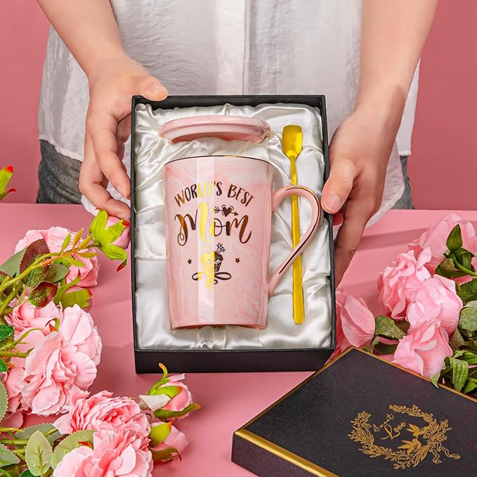 Birthday Gifts for Mom from Daughter Son Kids - Funny Birthday Gift Ideas for Mothers Wife Women - 14Oz Marble Ceramic Best Mom Coffee Mug with Lid Spoon Card, Box, Unique Moms Cup Gifts-Boxed Set
