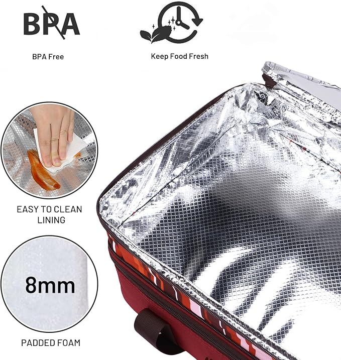 MIER Insulated Double Casserole Carrier Thermal Lunch Tote for Potluck Parties, Picnic, Beach, Fits 9 x 13 Inches Casserole Dish, Expandable by Mid Zipper, Burgundy
