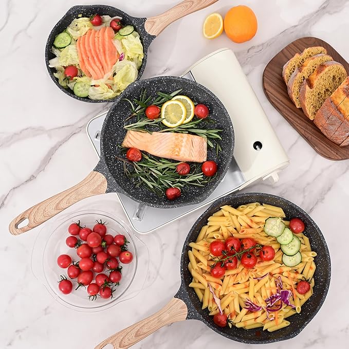 JEETEE Nonstick Frying Pans Set, Nonstick Omelette Skillet Set 3 Pcs, 8" 9.5" 11" Granite Non-Stick Frying pan with Bakelite Handle, Compatible with All Stovetops (Gas, Electric & Induction), Grey