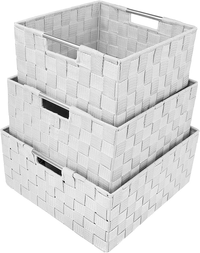 Sorbus Storage Box Woven Basket Bin Container Tote Cube Organizer Set Stackable Storage Basket Woven Strap Shelf Organizer Built-In Carry Handles (White)