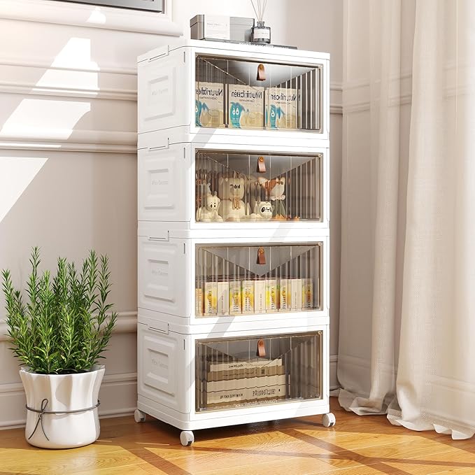 4 Tier Storage Bins with Lids, 23QT Stackable Closet Organizers and Storage with Wheels, Collapsible Storage Boxes, Foldable Plastic Storage Containers for Home,Office, Dorm Room-White
