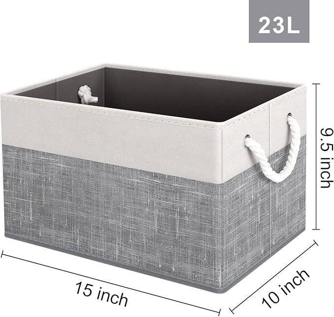 Fab Totes Foldable Storage Baskets - 6-Pack, Organize Toys, Books, Shelves, Closet - Large Storage Box with Rope Handles, Sturdy White & Grey Bins