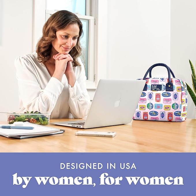 Fit & Fresh Bloomington Lunch Bag for Women - Insulated Large Lunch Box for Work with Containers, Leak-Resistant, Stain-Resistant, Zipper Closure, Multicolored Sardines