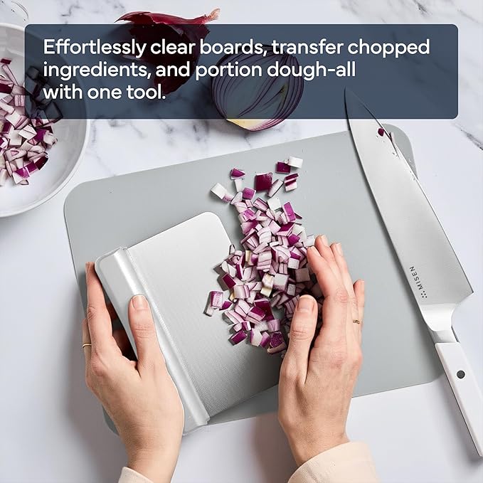 Misen Stainless Steel Bench Scraper - Versatile Food Scraper with Walnut Handle - Ideal for Kitchen, Pastry & Dough - Durable Cutting Board Scraper Tool - Effortless Transfer into Pots & Pans - White