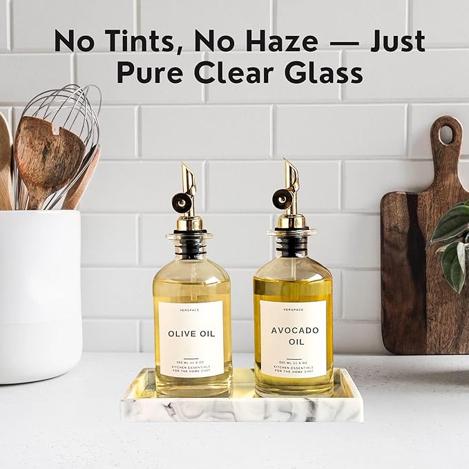 Clear Glass Olive Oil Dispenser Bottles For Kitchen With Silicone Tray & 40 Labels, Soy Sauce Dispenser, Coffee Syrup Dispenser, Olive Oil Bottles Set Of 2, Gold 500ml / 17oz