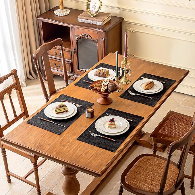 KXN Placemats Set of 6, Dual-Layer Thickened Faux Linen Table Mats, Heat Resistant & Wrinkle-Free, Machine Washable Cloth Place Mats for Kitchen Dining Indoor Outdoor (Black)