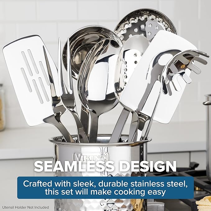 Viking Kitchen Utensils Set, 8 Piece Stainless Steel Cooking Utensil Set, Includes Spatulas, Spoons, Pasta Fork, Deep Ladle, Meat Fork, and Skimmer, Silver