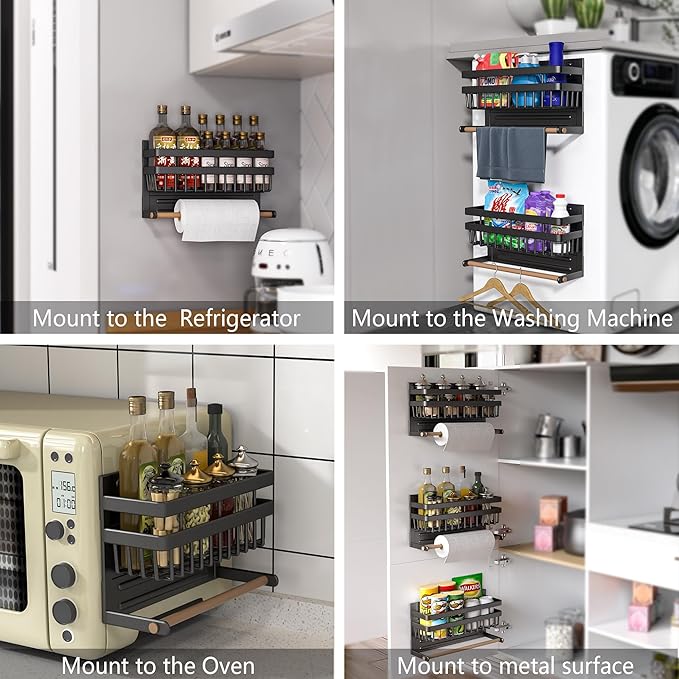 Sleclean Spice Rack for Refrigerator, Pack of 2, paper towel holder magnetic, Organizers and Storage, Multi Use Kitchen Shelf,13.4?x4.5?x7.1?,Black