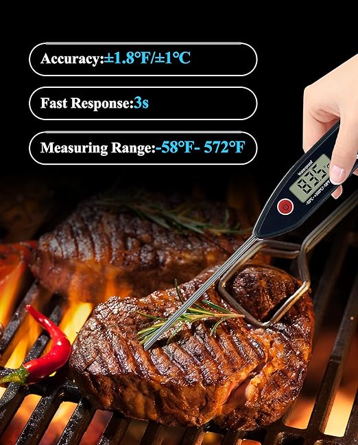 Wisebee Meat Thermometer Digital, Instant Read Food Thermometer with Stepdown Probe| IPX7 Waterproof| Hold Function| High Accuracy| Fast Response for Cooking, Liquid, Kitchen (Black)