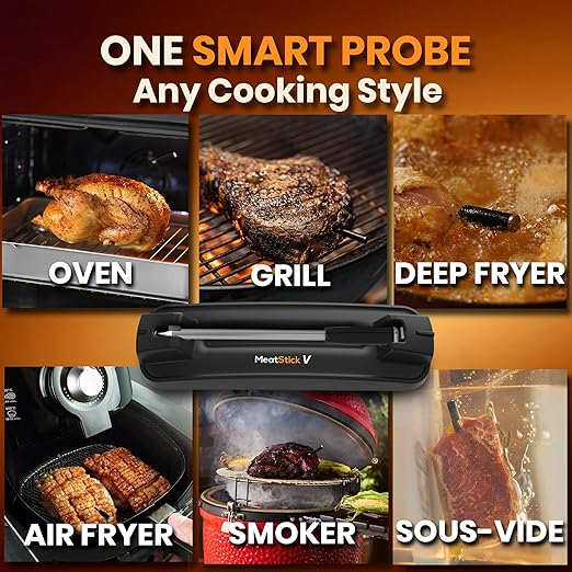 MeatStick V Wireless Meat Thermometer, 1200°F Heat Resistance, Unlimited Range WiFi & Bluetooth, Smart Digital Probe for Grilling, Smoking, Sous Vide, BBQ, Air Fryer, Oven, Smoker, Kitchen Cooking