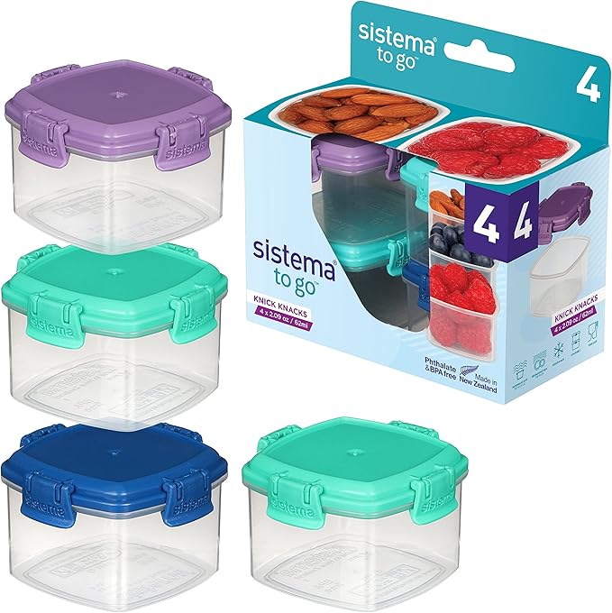 Sistema To Go Collection Mini Knick Knack Snack Container, 2 oz./60 mL, Pink/Green/Blue/Purple, 4 Count