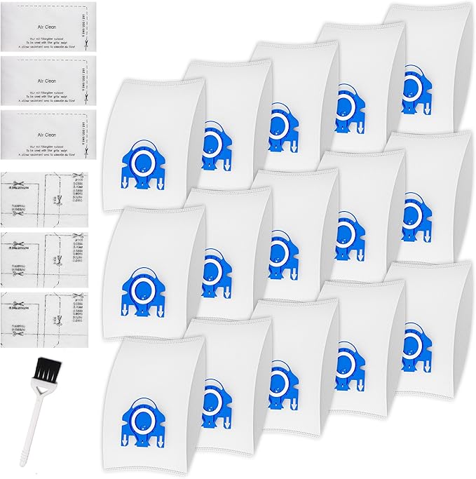Vacuum Cleaner Bags Fit for Miele Classic C1 Complete C1 C2 C3 S227 S240 S270 S400 S2 S5 S8 Series, Include 15 Packs 3D Efficiency Airclean Bags with 3 Motor Protection Filters and 3 AirClean Filters