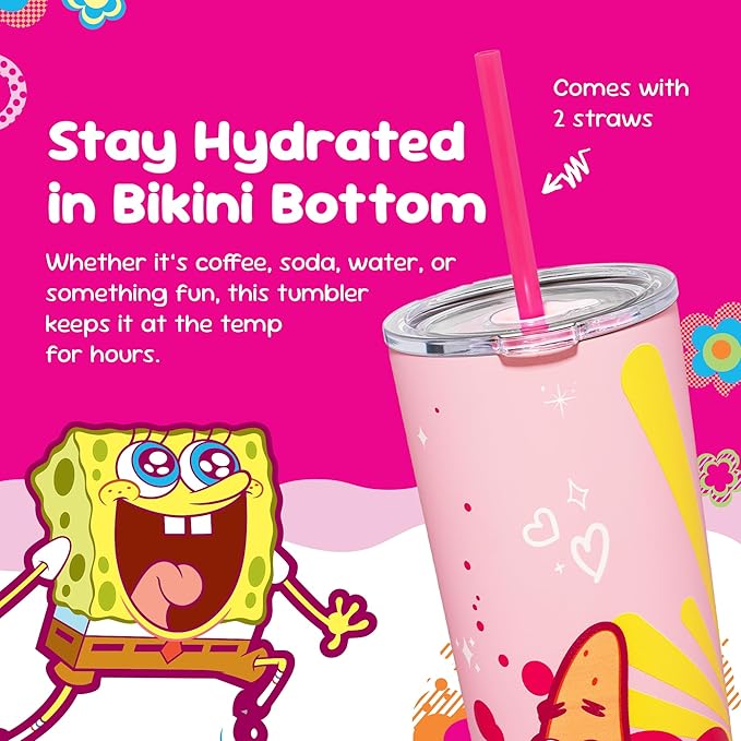 Dragon Glassware x SpongeBob SquarePants 24 oz Vacuum Insulated Tumbler with Lid and Straw - Tumbler Cup with 2 Straws - Stainless Steel Tumbler with Straw for Water, Iced Tea - SpongeBob - Pink