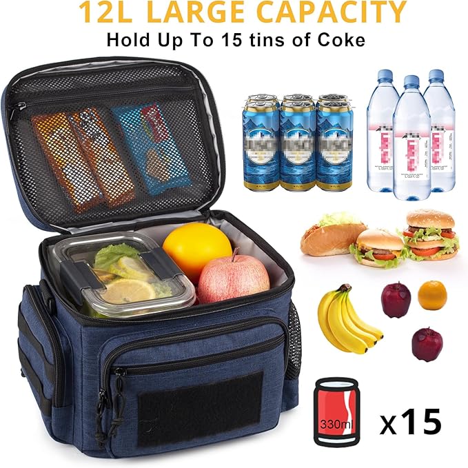 Lunch Box for Men, Tactical Lunch Bag MOLLE Webbing Leakproof Insulated Lunch Cooler Women Adult Meal with Adjustable Shoulder Strap Lunch Pail (Blue)