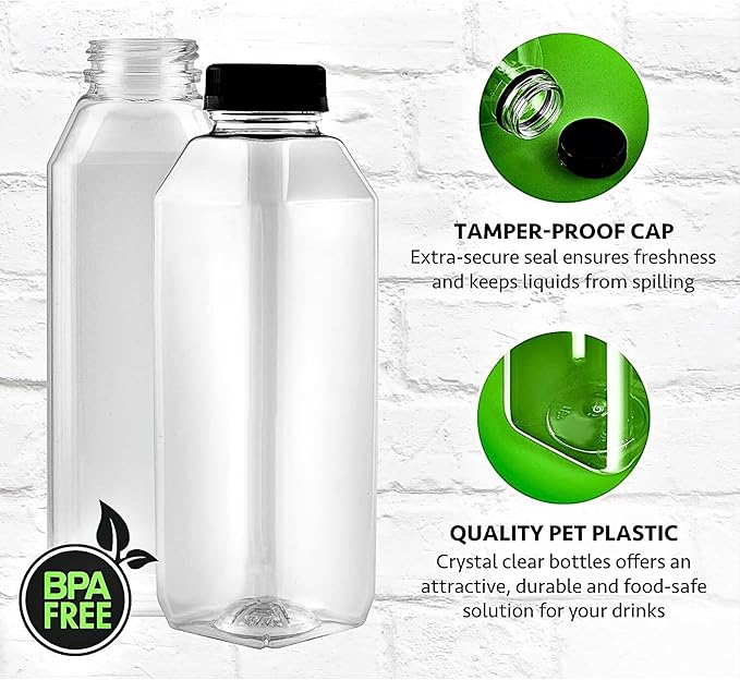 Green Direct 12oz Clear Plastic Reusable Juice Bottles with Caps | Empty Water Bottles for Juicing, Smoothies, Shakes | BPA-Free, Durable & Leakproof | Pack of 4