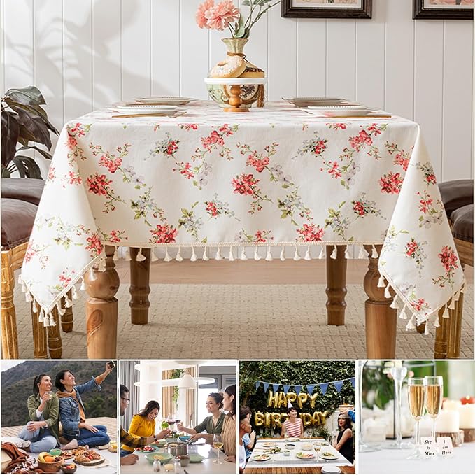 Round Tablecloth Pastoral Style, Waterproof & Stain Resistant Table Cloth Wrinkle Free Table Cover for Dining/Kitchen/Patio, Washable Indoor & Outdoor Use, 55"X55" Red