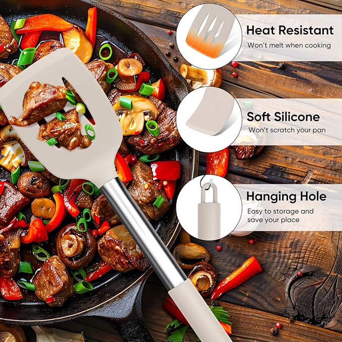 TeamFar Kitchen Utensils Set of 8, Silicone Utensils Kitchen Tools Set with Stainless Steel Handle, for Frying Serving Flipping Draining, Non-toxic & Heatproof, Nonstick & Dishwasher Safe - Khaki