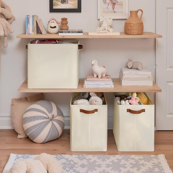 GRANNY SAYS Large Storage Baskets, Closet Storage Bins, Linen Closet organizers and storage, Fabric Storage Bins with Metal Frame, Clothes Baskets for Shelves, Towels, Beige, 3-Pack