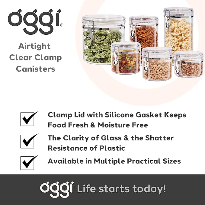 Oggi Tall Clear Canister with Clamp Lid, 58 oz - Large Airtight Food Storage Container, Ideal for Kitchen & Pantry Storage of Bulk, Dry Foods Including Pasta & Spaghetti