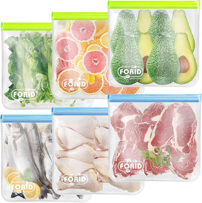 FORID Reusable Gallon Freezer Bags, 6 Pack Leakproof Extra Thick 1 Gallon Bags for Marinate Food & Fruit Cereal Sandwich Snack Meal Prep Travel Items Home Organization Storage