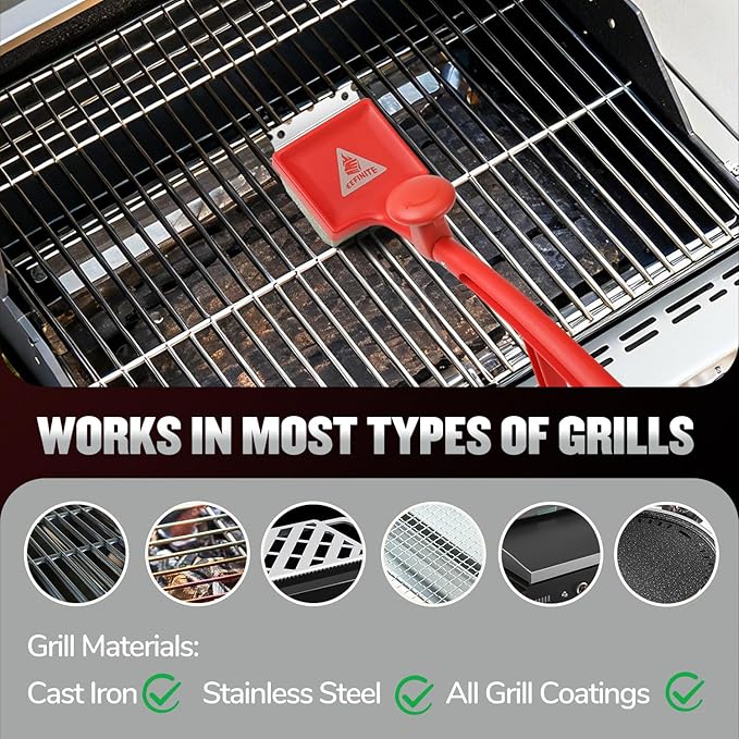 Steam Grill Brush Bristle Free, Safe Cleaning BBQ Grill Brush with Scraper, Replaceable & Dishwasher-Safe Scrub Head, Grill Cleaner Tool with Durable Ergonomic Handle, Red