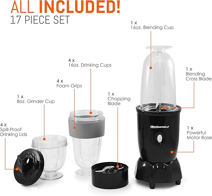 Elite Gourmet EPB-1800A# 17-Piece Personal Drink Mixer Blender, Sports Blender 16 Oz capacity, Includes Chopping and Blending Blade, Drink Lids and Extra Cups