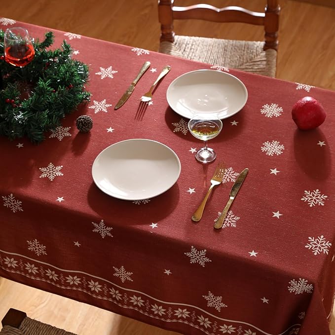 ISAENNE Designer Christmas Red Long Tablecloth Rectangular,Linen Table Cloth with Snowflakes Pattern,Wrinkle Resistant Decor Tablecloths for Dining Kitchen Thanksgiving Christmas,63"*94"-Carol C