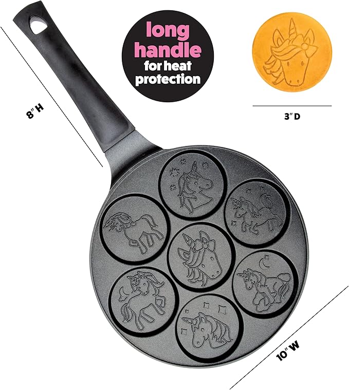 Unicorn Mini Pancake Pan - Make 7 Unique Flapjack Unicorns, Nonstick Pan Cake Maker Griddle for Holiday Breakfast Fun & Easy Cleanup, Magical Xmas Treat or Gift for Kids Party- Easy to Use Long Handle
