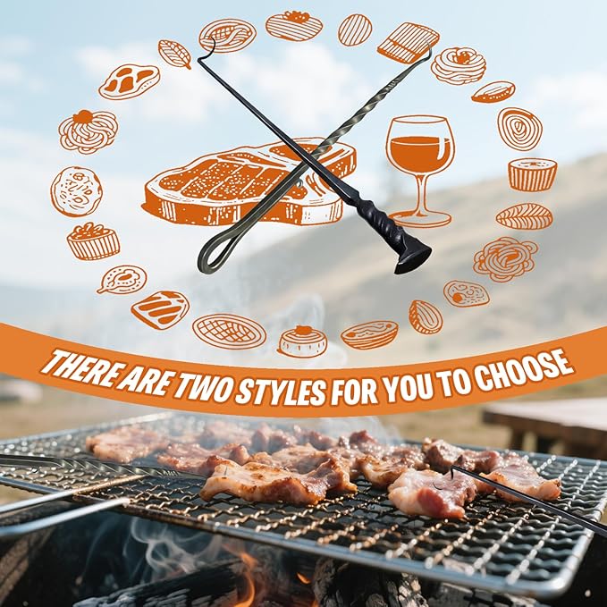 BBQ Turner Hooks, Meat Hook Flipper, Iron BBQF Turner Hooks, Flips Cooking Hooks, BBQ Food Flipper, for Grilling Smoking Frying, Long Handle Meat Hooks (Type B)