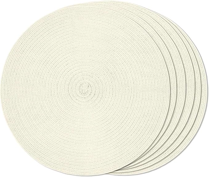 FunWheat Round Braided Placemats Set of 6 Place mats for Dining Tables Woven Heat Resistant Table Mats 15 inch (Ivory,6pcs)
