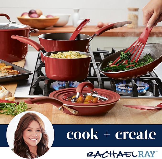 Rachael Ray Cook + Create Nonstick Stovetop Griddle/Grill Pan, Square, 11 Inch, Red