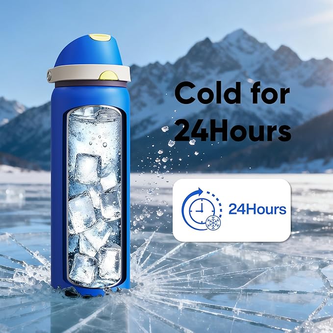 Insulated Water Bottle with Straw - Encool Stainless Steel Water Bottle with Push Button Lid, Leak-Proof & BPA-Free, Keeps Cold for 24 Hours for Sports, Travel, Gym (32 oz, Sapphire)