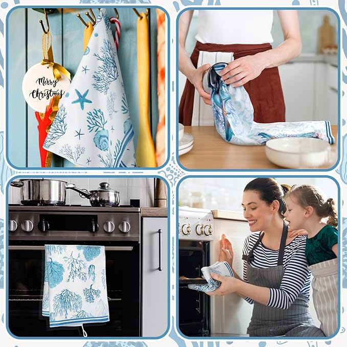 Boyiee Set of 6 Beach Kitchen Towels Coastal Ocean Dish Towels Sea Nautical Tea Towels Absorbent 24 x 16 Inches Shell Coral Starfish Hand Towels Summer Gifts for Farmhouse Kitchen Bathroom Decorations