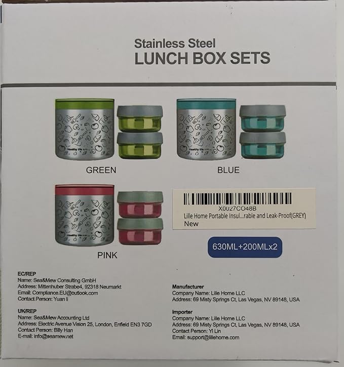Lille Home Portable Insulated Lunch Box Set with Stainless Steel Cutlery, vacuum lunch box, to Keep Food Warm or Cool, Two Containers for Fruits and Sauces, Durable and Leak-Proof(GREY)